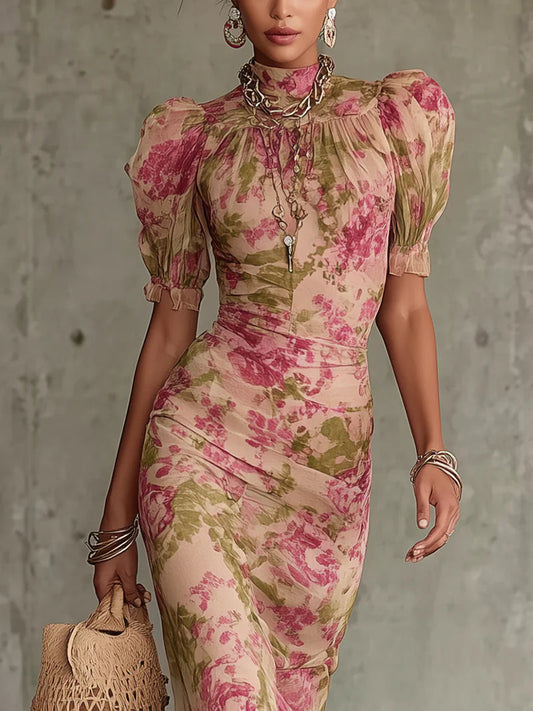 Rosa | Abito lungo con stampa vintage di rose e maniche a sbuffo