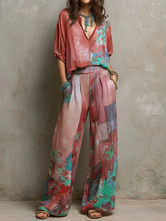 Chiara | Elegante completo con stampa floreale e pantaloni larghi