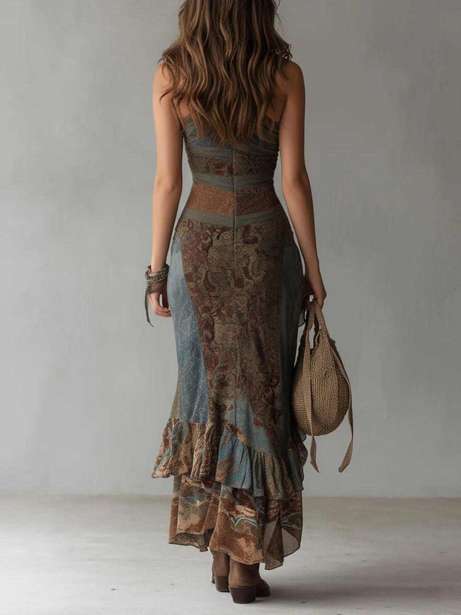Elena | Vestito lungo asimmetrico monospalla con stampa etnica boho e spacco alto