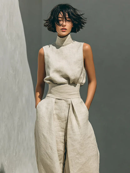 Flor™ | Completo minimalista con blusa senza maniche e pantaloni a gamba larga in cotone e lino da donna