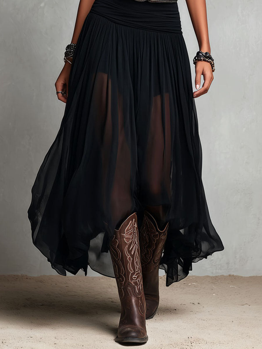 Julia | Abito lungo elasticizzato nero in stile boho western con gonna trasparente