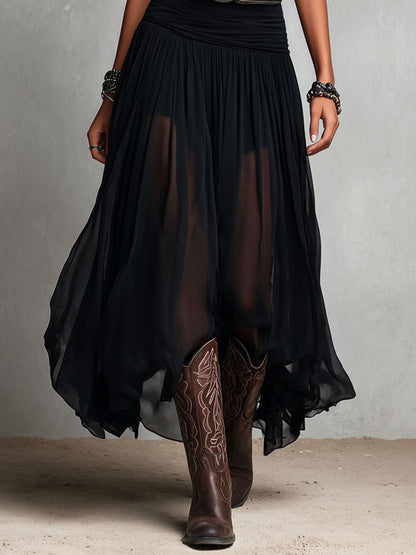 Julia | Abito lungo elasticizzato nero in stile boho western con gonna trasparente