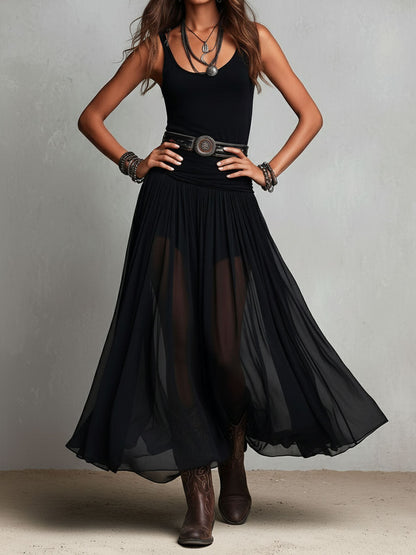 Julia | Abito lungo elasticizzato nero in stile boho western con gonna trasparente