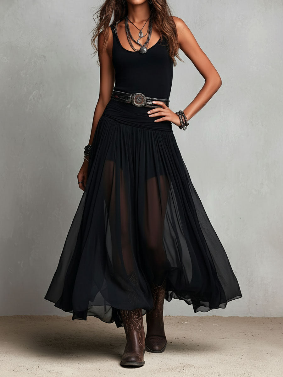 Julia | Abito lungo elasticizzato nero in stile boho western con gonna trasparente