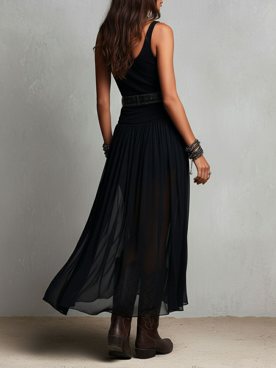 Julia | Abito lungo elasticizzato nero in stile boho western con gonna trasparente