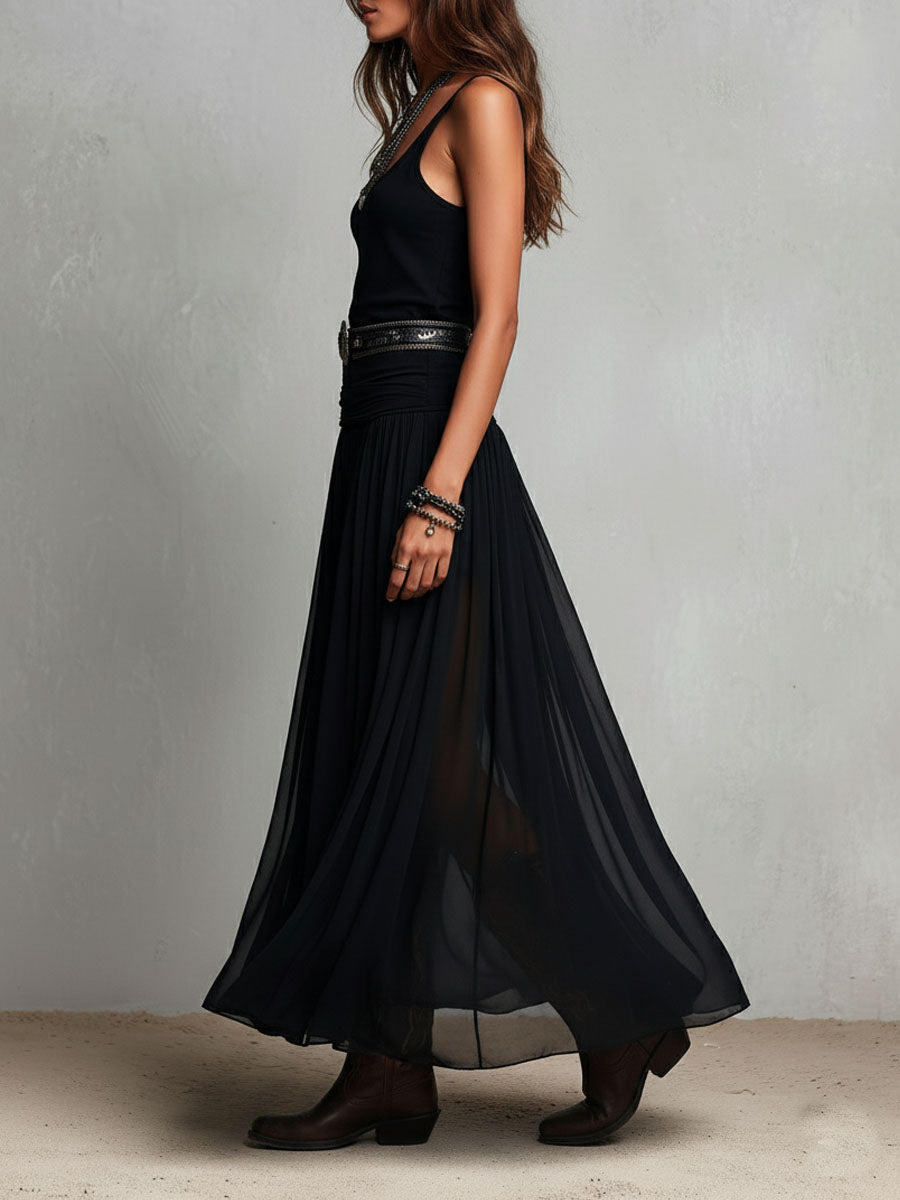 Julia | Abito lungo elasticizzato nero in stile boho western con gonna trasparente