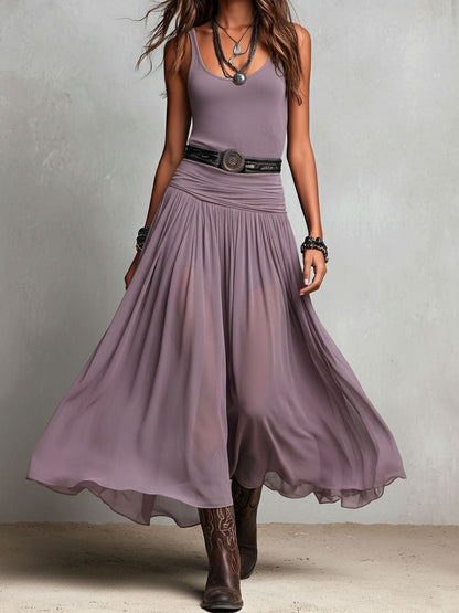 Julia | Abito lungo elasticizzato nero in stile boho western con gonna trasparente