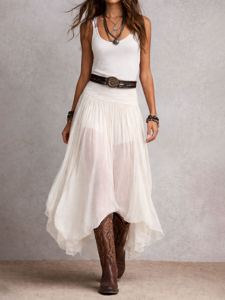 Julia | Abito lungo elasticizzato nero in stile boho western con gonna trasparente