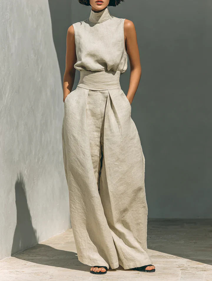 Flor™ | Completo minimalista con blusa senza maniche e pantaloni a gamba larga in cotone e lino da donna
