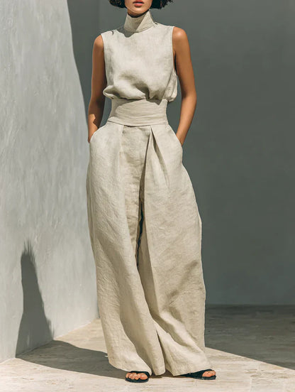 Flor™ | Completo minimalista con blusa senza maniche e pantaloni a gamba larga in cotone e lino da donna