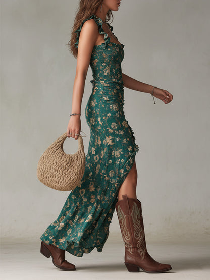 Zara ¦ Abito lungo in stile boho retrò con maniche arricciate e spacco alto