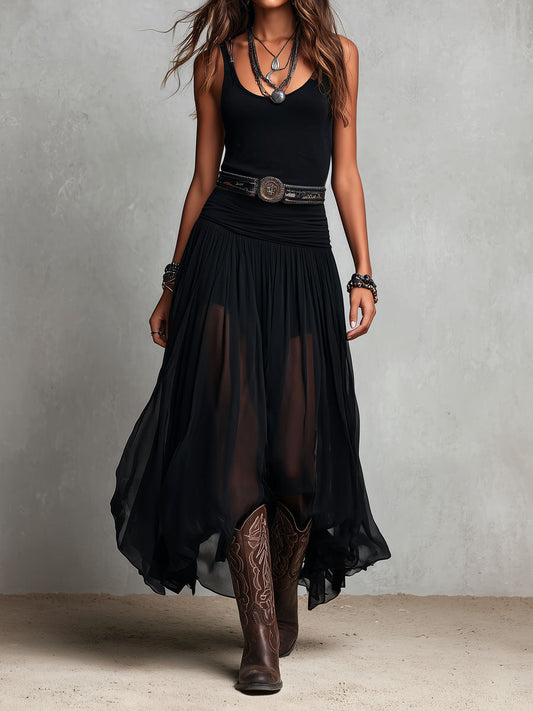 Julia | Abito lungo elasticizzato nero in stile boho western con gonna trasparente