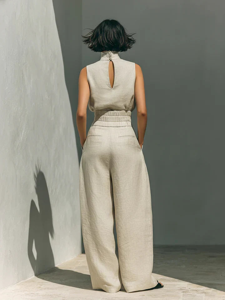 Flor™ | Completo minimalista con blusa senza maniche e pantaloni a gamba larga in cotone e lino da donna