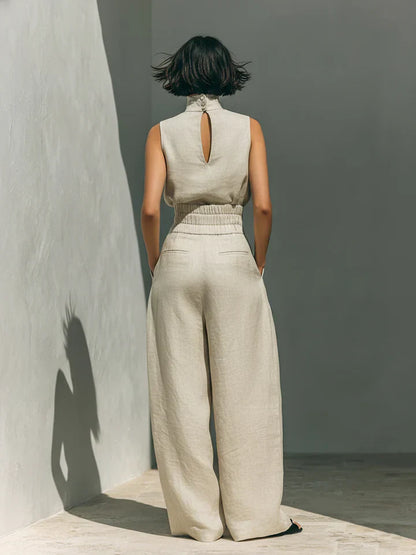 Flor™ | Completo minimalista con blusa senza maniche e pantaloni a gamba larga in cotone e lino da donna