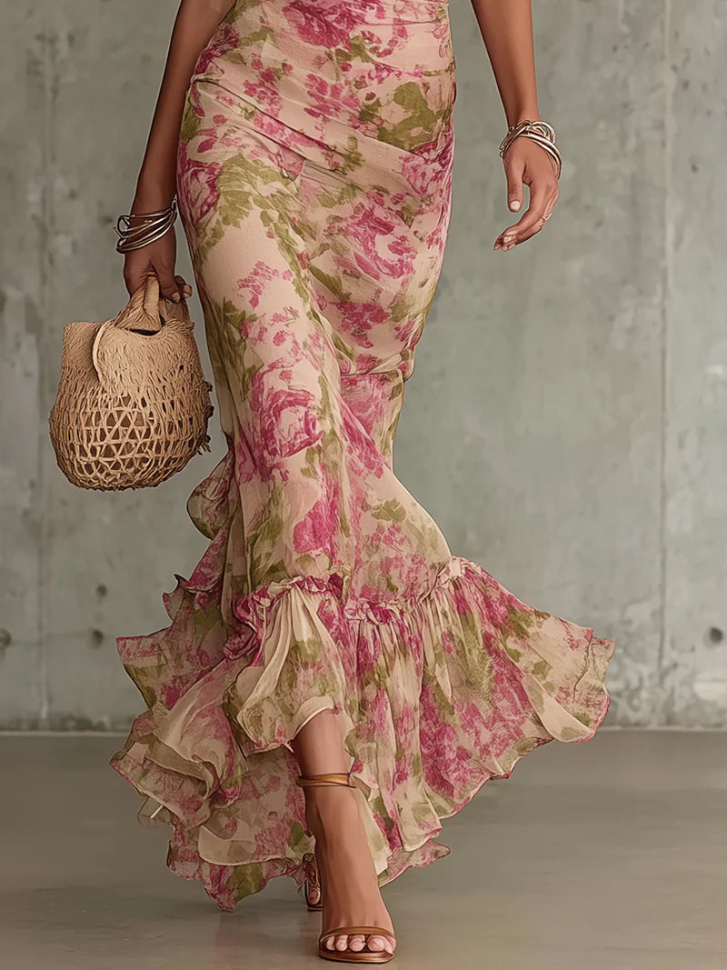 Rosa | Abito lungo con stampa vintage di rose e maniche a sbuffo