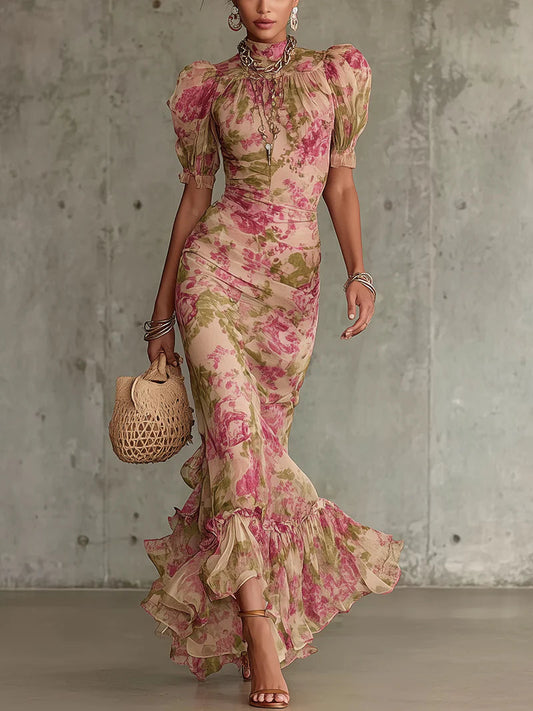 Rosa | Abito lungo con stampa vintage di rose e maniche a sbuffo