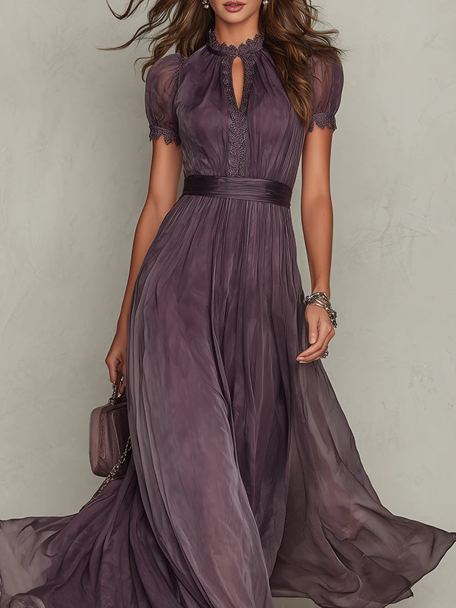 Luisa • Abito lungo viola con scollo a V e bordo in pizzo di chiffon
