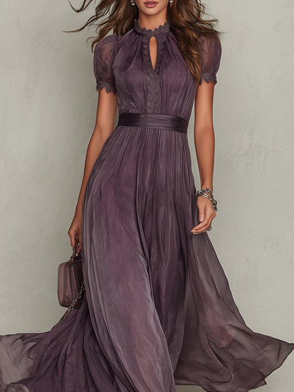 Luisa • Abito lungo viola con scollo a V e bordo in pizzo di chiffon