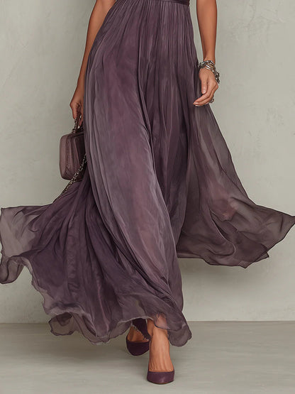 Luisa • Abito lungo viola con scollo a V e bordo in pizzo di chiffon