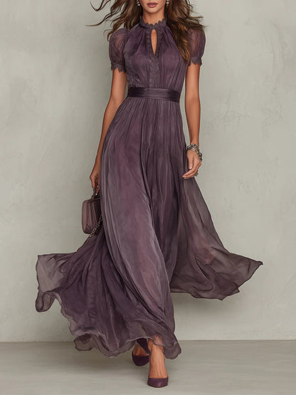 Luisa • Abito lungo viola con scollo a V e bordo in pizzo di chiffon