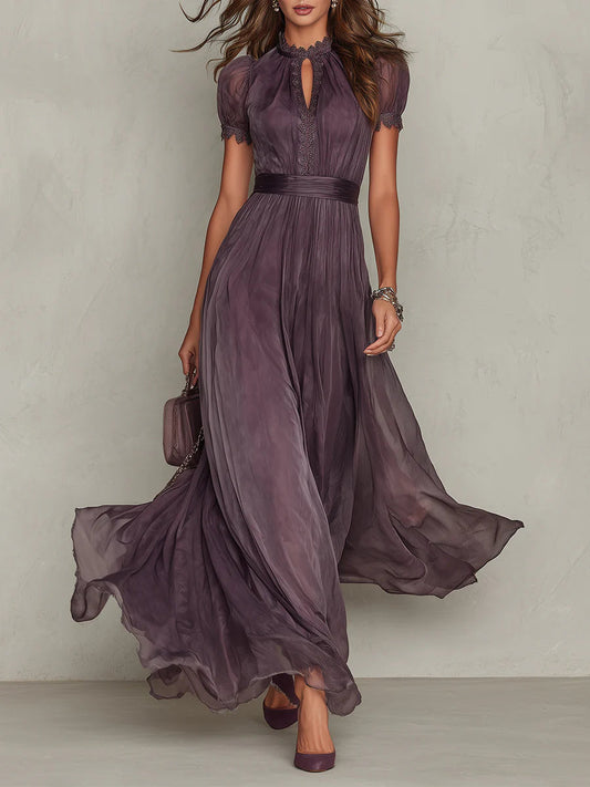 Luisa • Abito lungo viola con scollo a V e bordo in pizzo di chiffon