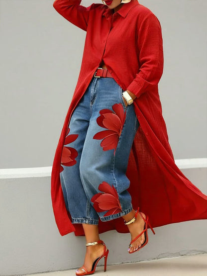 Completo sofisticato con camicia e jeans floreali