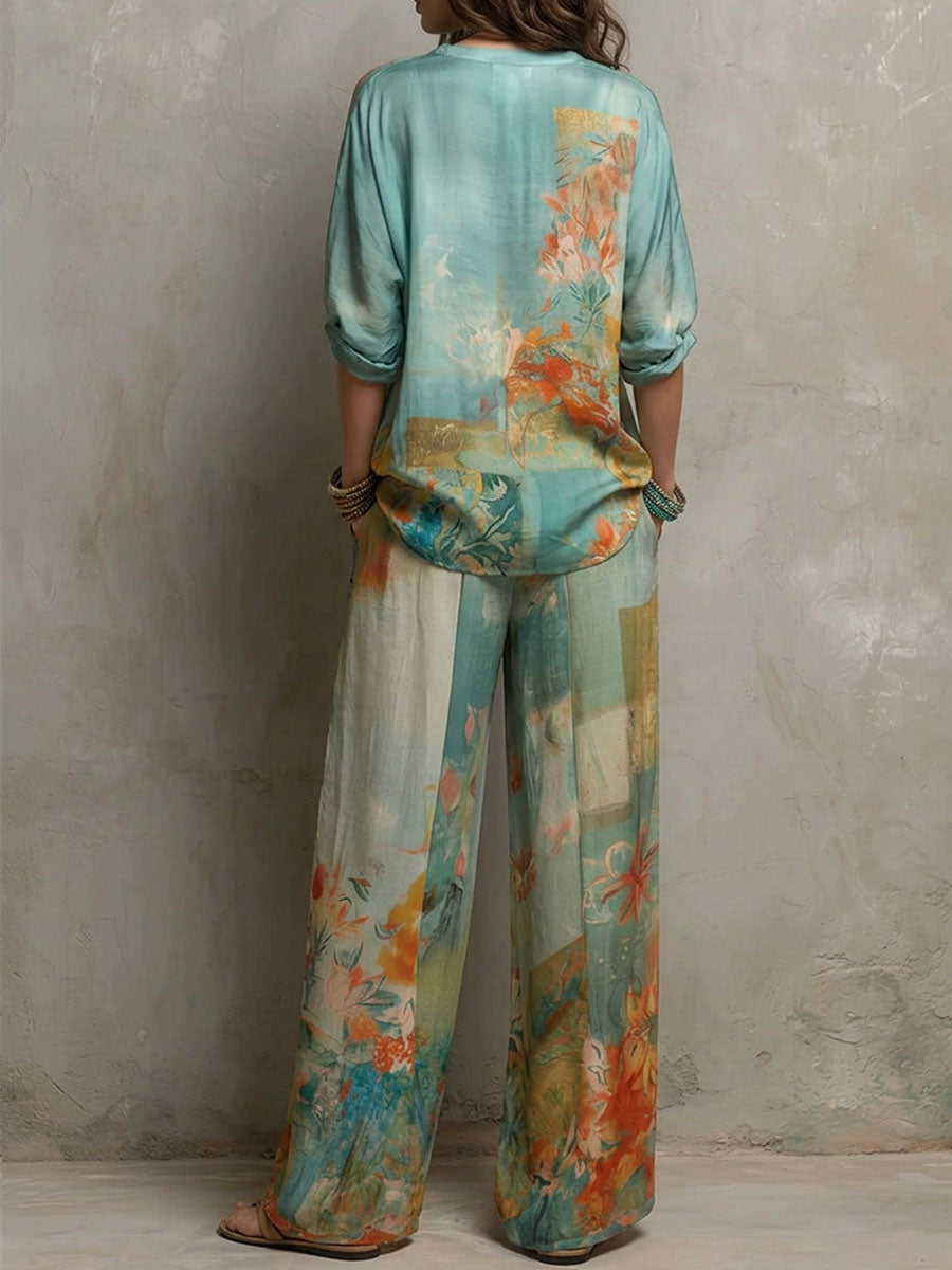 Chiara | Elegante completo con stampa floreale e pantaloni larghi