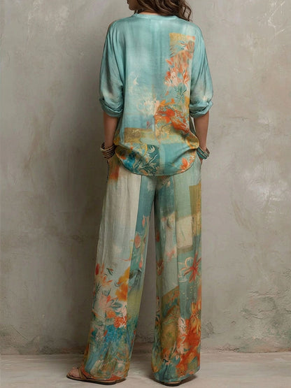 Chiara | Elegante completo con stampa floreale e pantaloni larghi