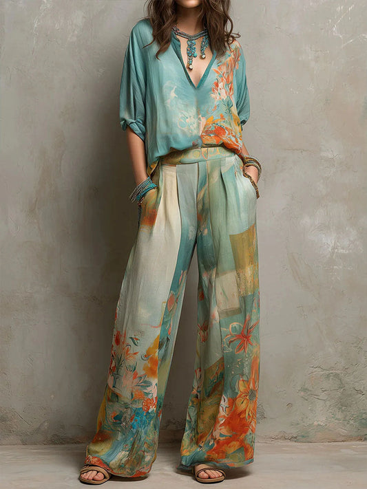 Chiara | Elegante completo con stampa floreale e pantaloni larghi