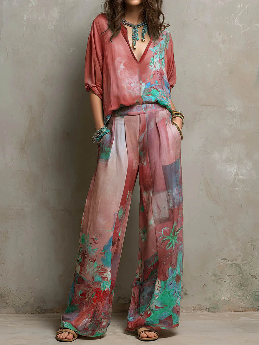 Chiara | Elegante completo con stampa floreale e pantaloni larghi