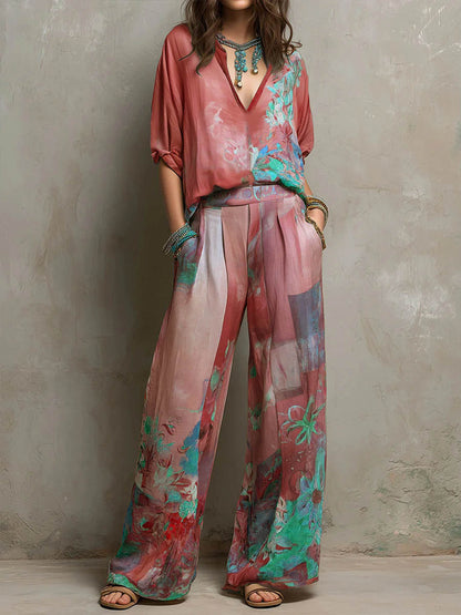 Chiara | Elegante completo con stampa floreale e pantaloni larghi