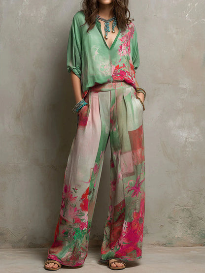 Chiara | Elegante completo con stampa floreale e pantaloni larghi