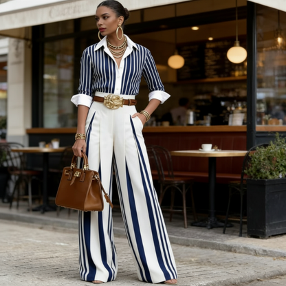 Completo da donna a righe con camicia e pantaloni larghi