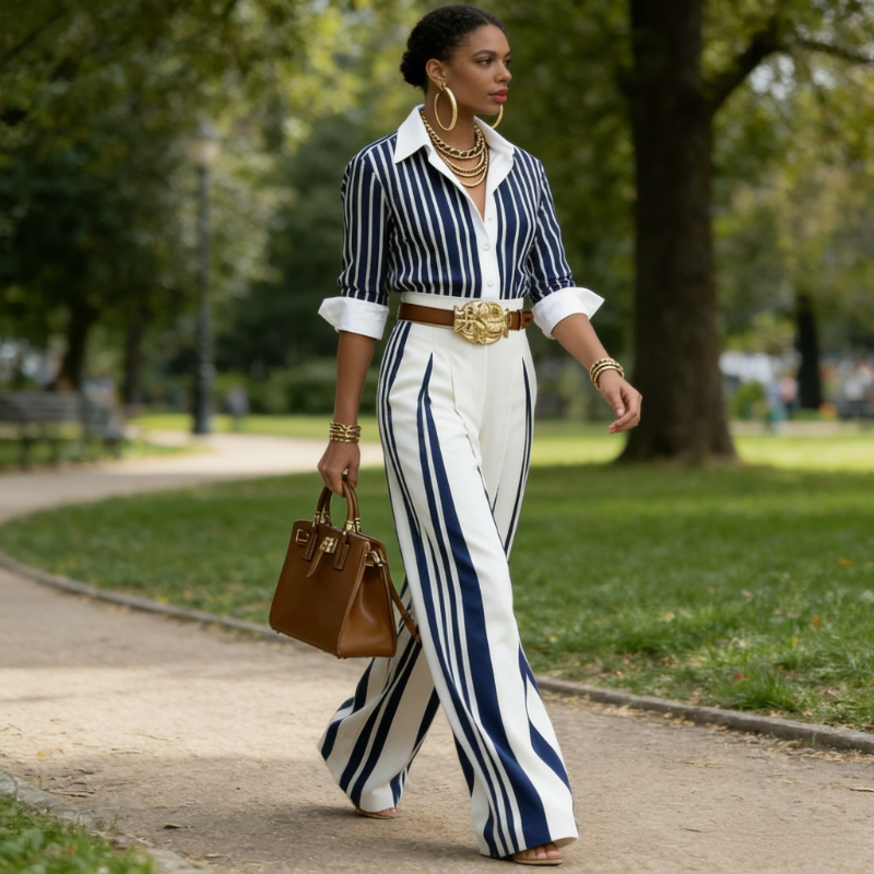 Completo da donna a righe con camicia e pantaloni larghi