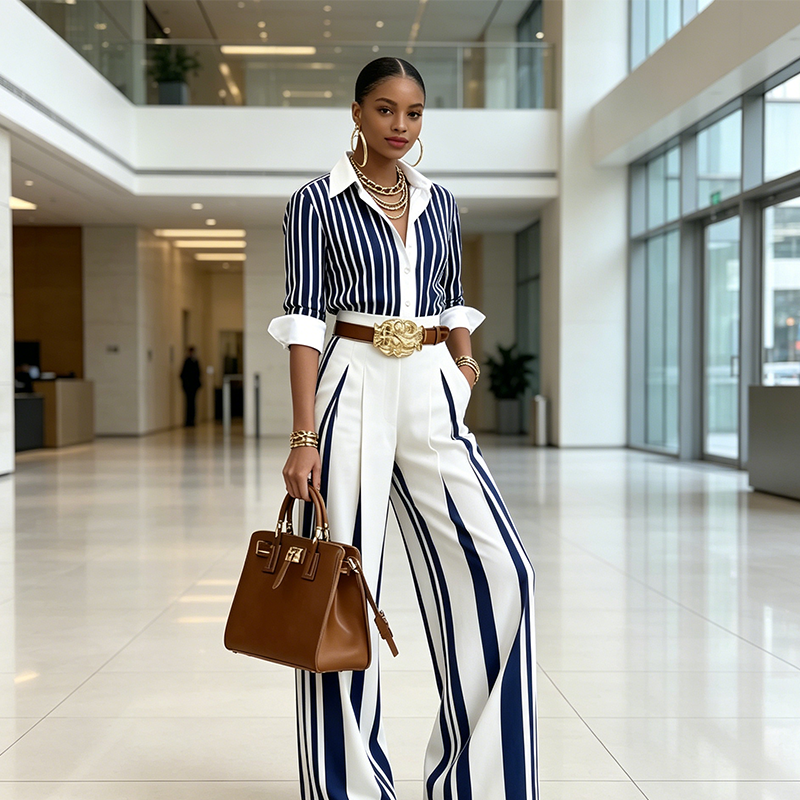 Completo da donna a righe con camicia e pantaloni larghi