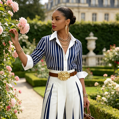 Completo da donna a righe con camicia e pantaloni larghi