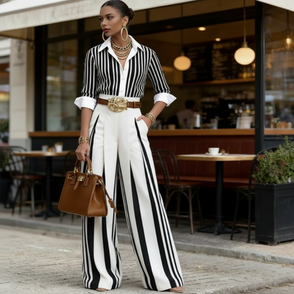 Completo da donna a righe con camicia e pantaloni larghi
